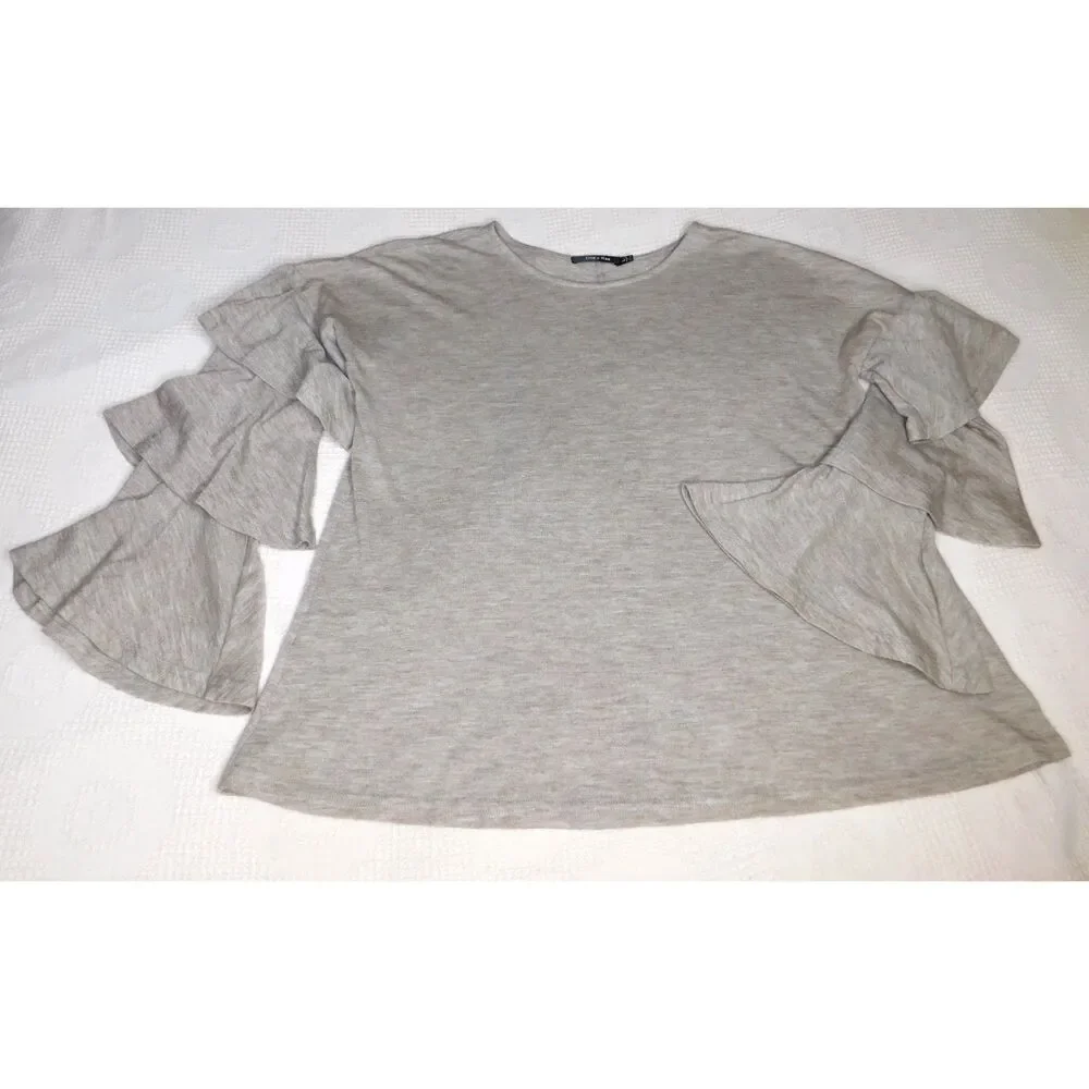 Woman's Oversized Tunic Top Doe & Row Layered Bell Sleeves Sz. L Flowy Knit